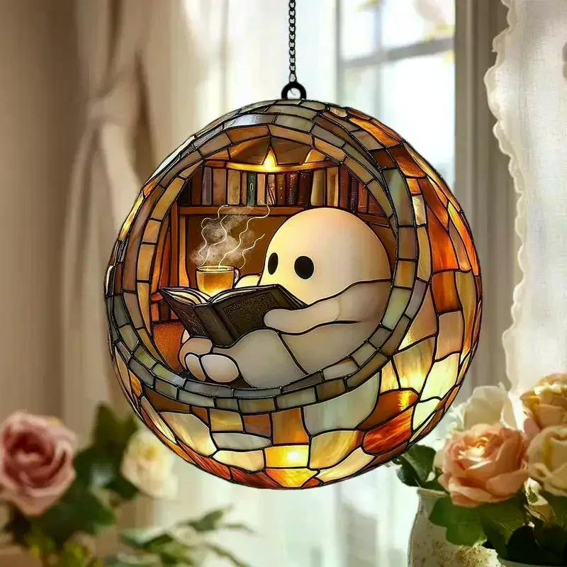 Colorful Shadow Window Suncatcher for Halloween Featuring Acrylic Ghost Reading Design
