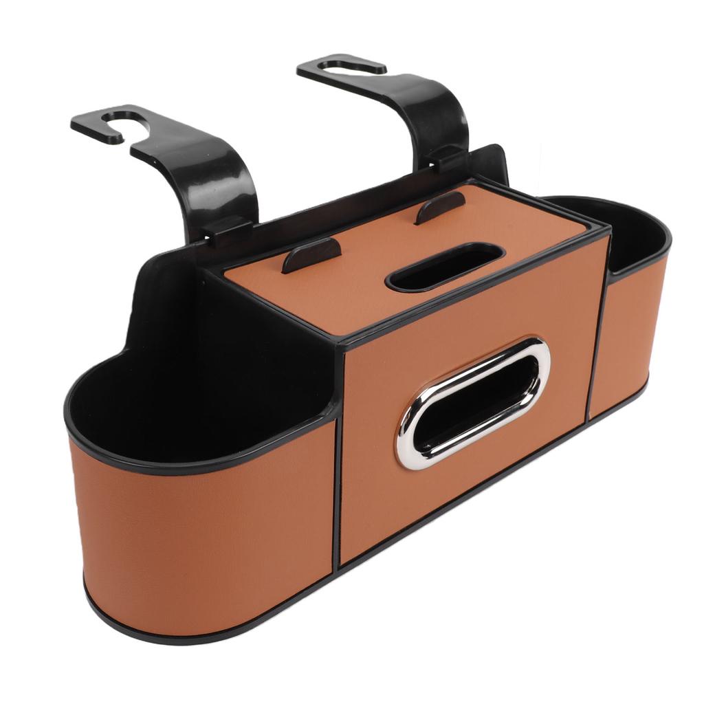 Car Back Seat Organizer with Cup Holder Tissue Dispenser Hooks Multifunctional Seat Back Storage Box for SUV Truck Sedan Brown
