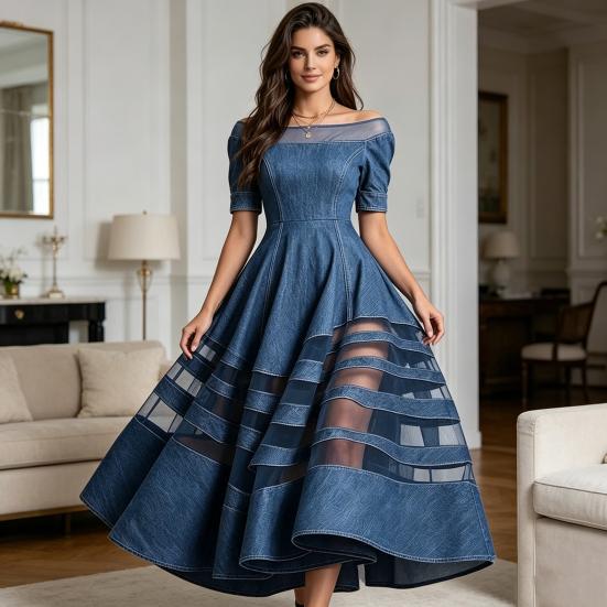 Women's Off Shoulder Denim Dress Mesh Patchwork Short Sleeve A-line Swing Dress Summer Travel