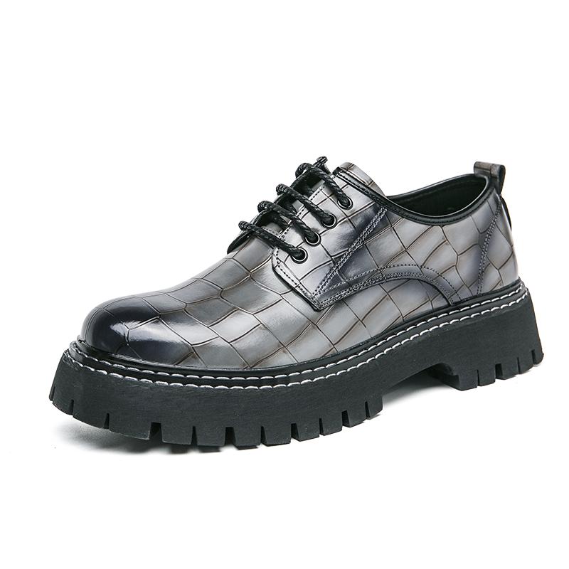 

Black Young thick soled leather shoes Fashionable low cut British style Trendy casual business party Daily office adult shoes 45 серый