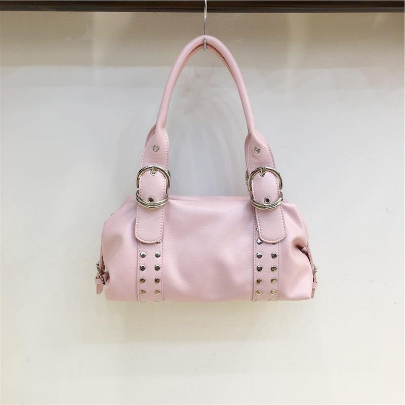 

2025 Brand Design Vintage Rivet Larfe Capacity Leather Pillow Handbags Fashion Elegant Travel Armpit Bag Women Casual Tote Bag S розовый