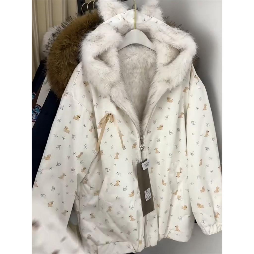 Winter new ear hooded warm furry coat winter cute puppy print double-sided cotton coat