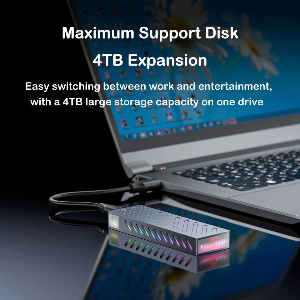 M.2 NVMe SSD Enclosure 10Gbps PCIe SSD Case Aluminum Alloy External Hard Drive Box USB 3.1 Interface RGB Colorful Light Tool Free Support UASP