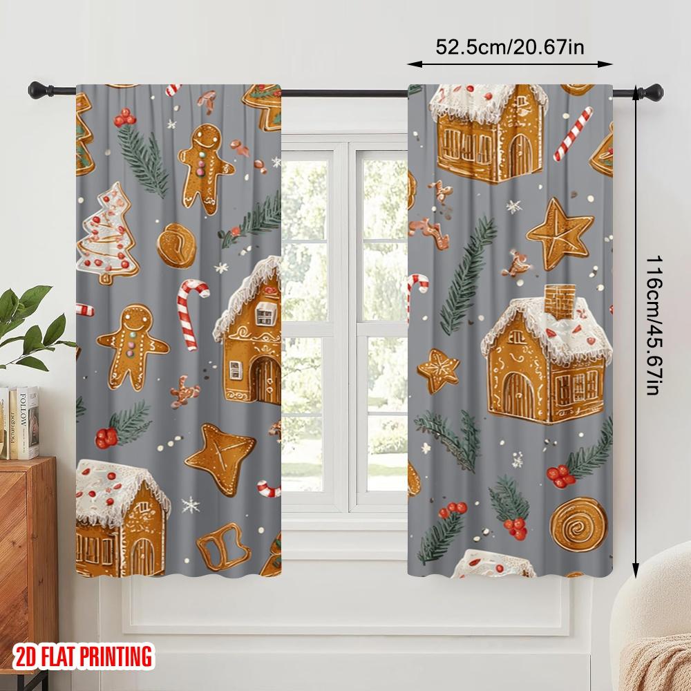 2pcs,2D Plane Printing Popular Curtains Grey Gingerbread Candy Christmas Tree Sugar People Lovely Merry Christmas Versatile