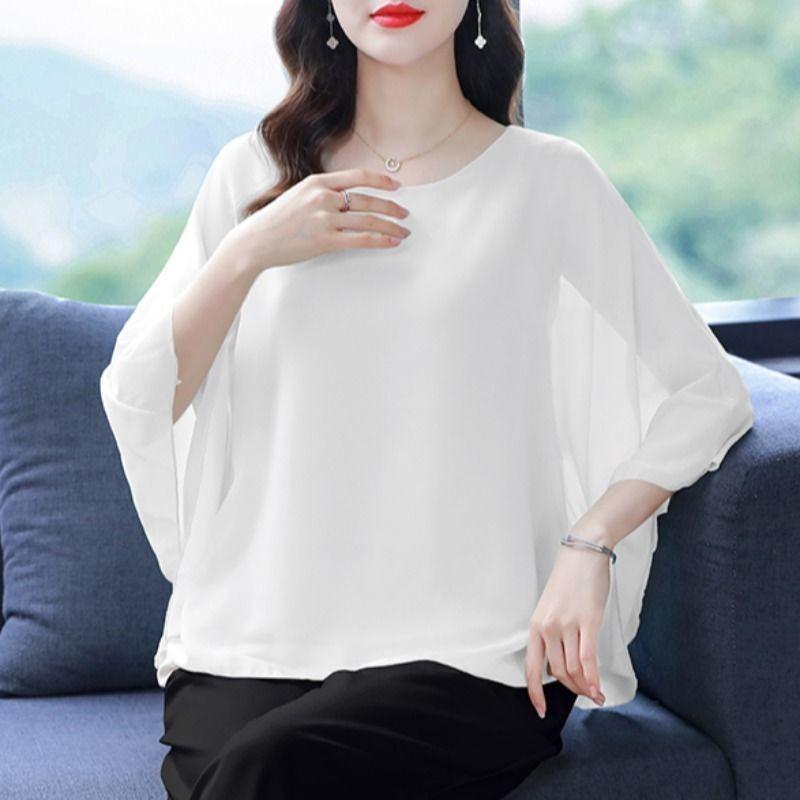 Loose Chiffon Top for Women New Plus Size Round Neck Batball Sleeves Summer Blouse Solid Color Women's Short Sleeved Casual Fashion Elegant T Shirts