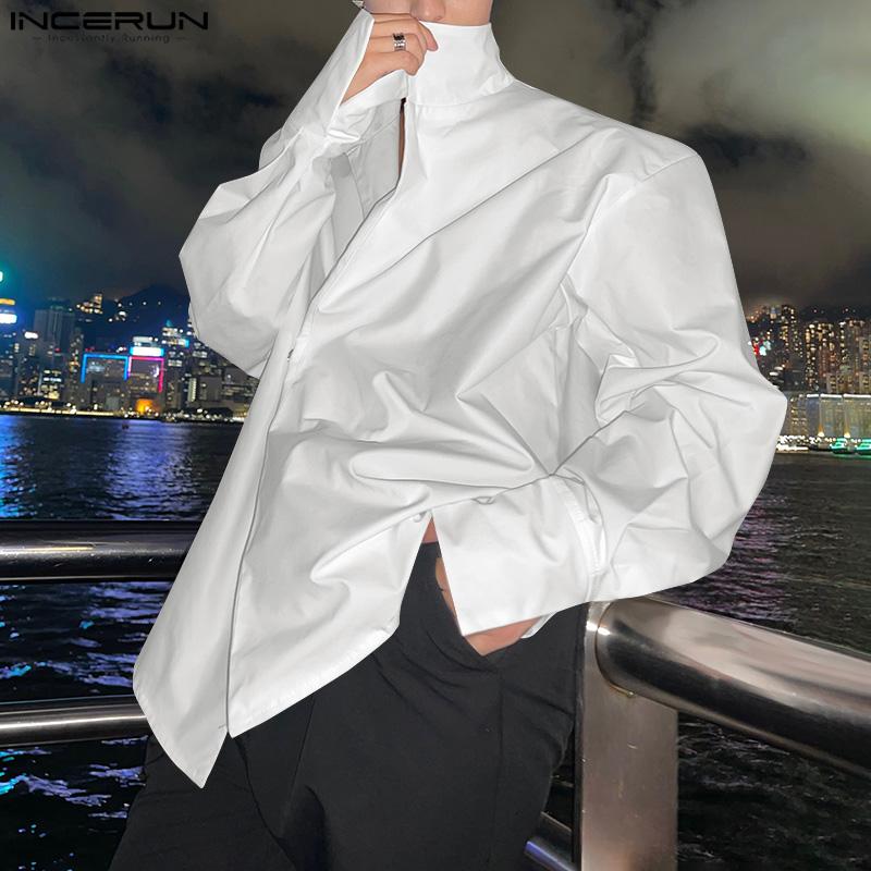 INCERUN Pánské jarní košile s dlouhým rukávem a klopou, boční knoflíky, ležérní topy