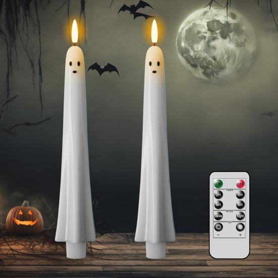 2/4Pcs Halloween Ghost Candle Light with Remote Timer Battery Powered Flickering Flameless Taper Candle