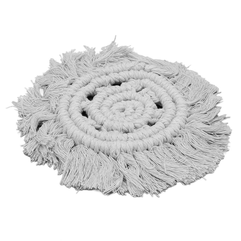 4pcs Cotton Thread Woven Drink Coasters with Tassel Round Pure Color Elegant Lipstick Pot Pads Mats