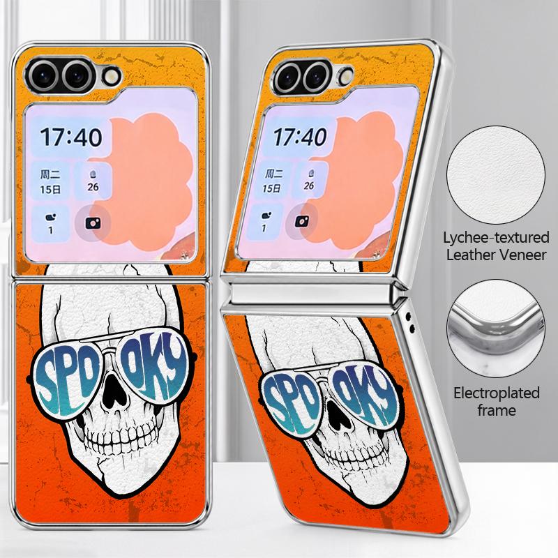 Skull Skeleton Pattern Case For Samsung Galaxy Z FlIP 7 FE 6 5 Plating PC+PU Leather Hybrid Folding Cover For Samsung Z Flip7 Flip6 Flip5