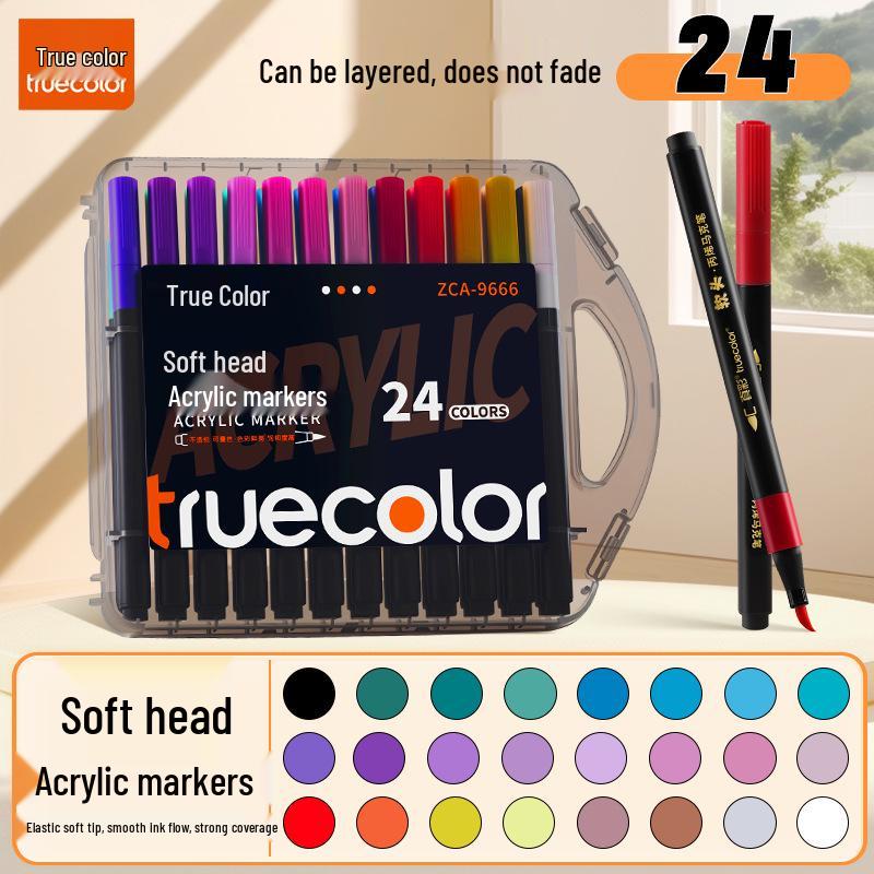 True Color Soft Tip Acrylic Markers & Drawing Brushes for Kids, Non-Bleeding, Stackable Colors, Black Box Colored Pencils