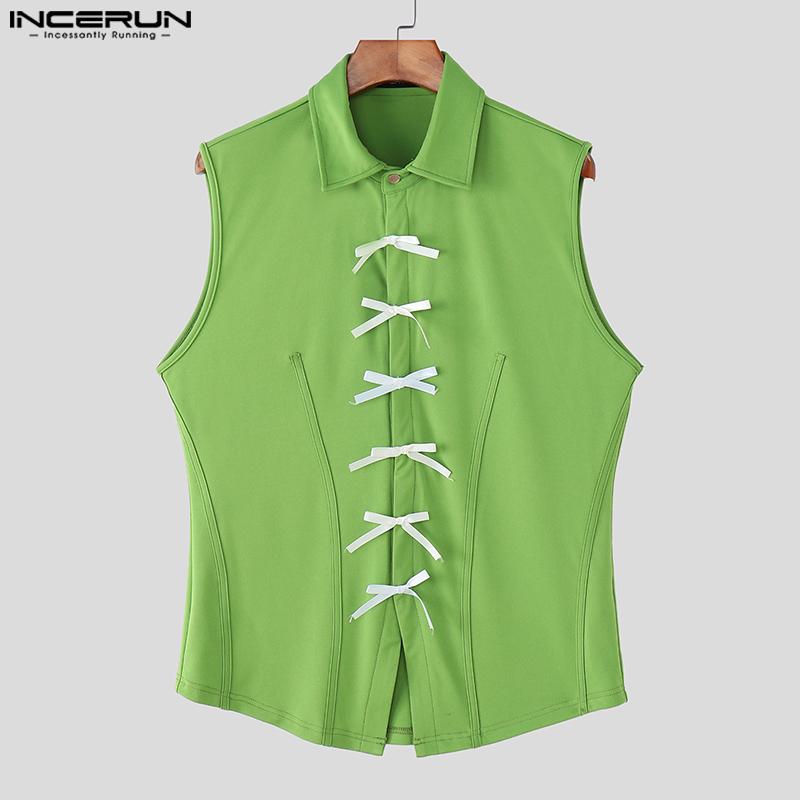 INCERUN Men Lapel Neck Sleeveless Button Up Bow Casual Loose Tank Tops