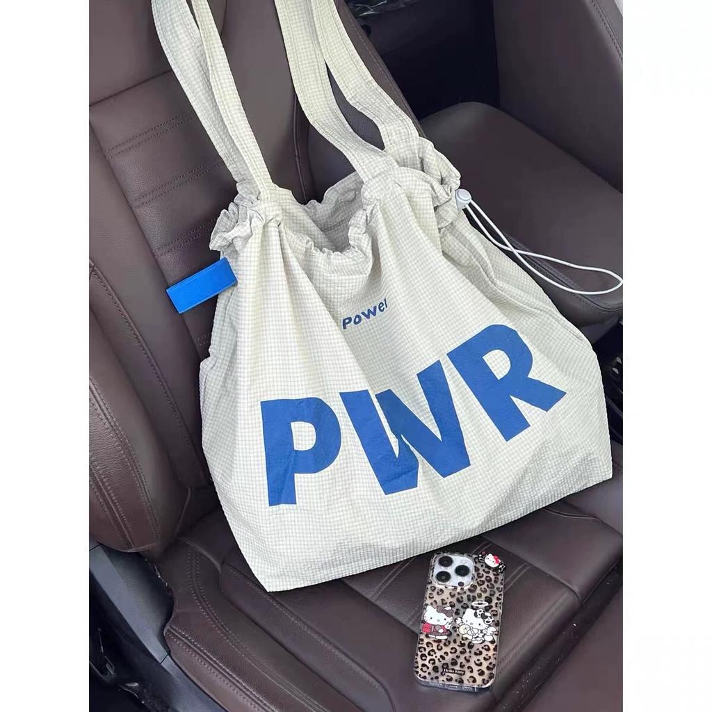 Lazy wind bag women's drawstring large capacity portable shoulder bag letter out shopping bag tote bag