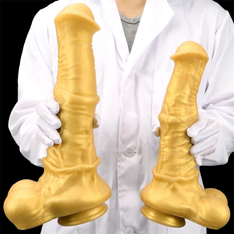 Gold Golden Horse Dildo pro muže a ženy Silikonové měkké nadrozměrné anální kolíky s masturbátorem na anální kolíky