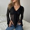 Black Sexy V-neck Lace Bodysuit Women Tops 2026 Summer Long Sleeve See Through Slim Rompers Jumpsuit Lace Up Sheer Lace Bodysuits