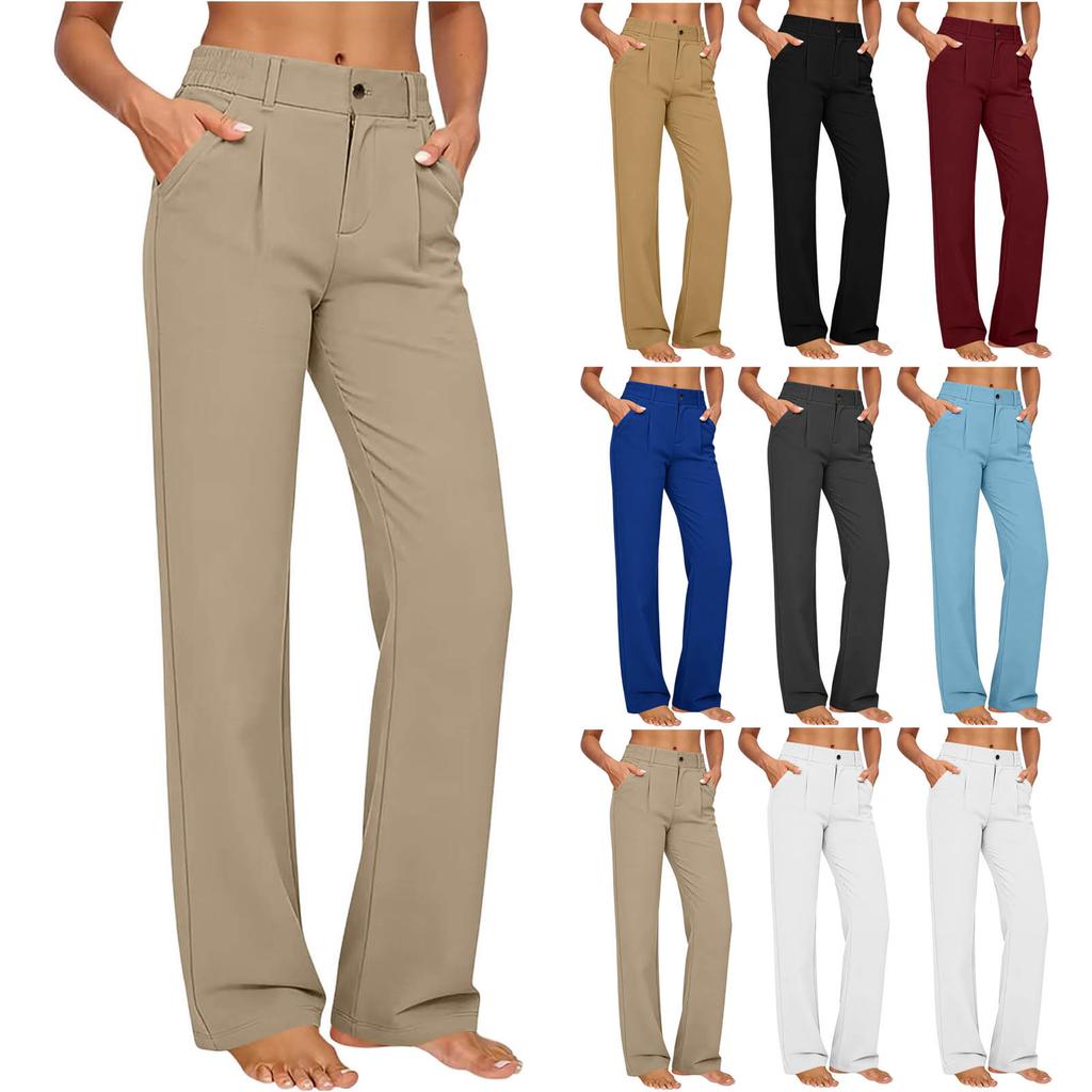 Women’s High Elastic Straight Leg Casual Pants with Waistband and Side Pockets Suitable for Everyday Wear and Office