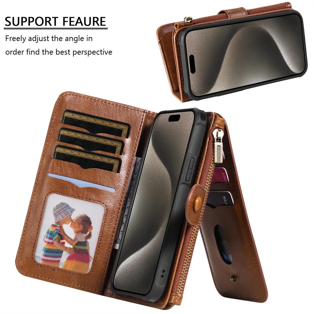 Luxury Detachable Retro Leather Case for iPhone 16 15 14 Pro Max 7 8 XR Xs Max 11 12 13 Mini 14 Plus Cover Zipper Wallet Purse