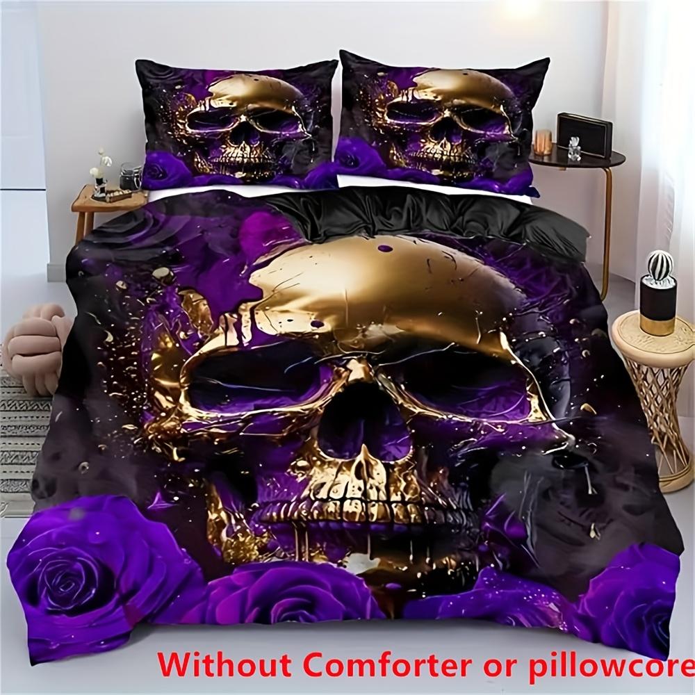 

2/3pcs Purple Rose Skull Pattern Breathable Duvet Cover Set (1 Duvet Cover + 1/2 Pillowcase, Without Core), Soft Bedding Set (135x200cm)