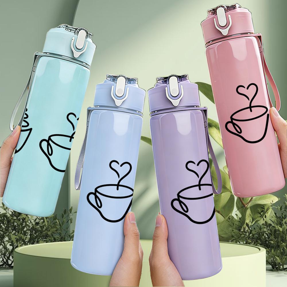 1PC Three Coffee Cup Heart Outline 750ml Color Plastic Sports Water Bottle Leakproof Flip Straw Lid Suitable for Sports Office Home Use