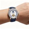 Men Skeleton Automatic Watch Moon Phase Diamond Bezel Blue Leather Stainless Steel Wristwatch