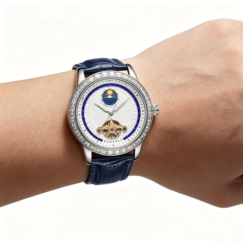 Men Skeleton Automatic Watch Moon Phase Diamond Bezel Blue Leather Stainless Steel Wristwatch