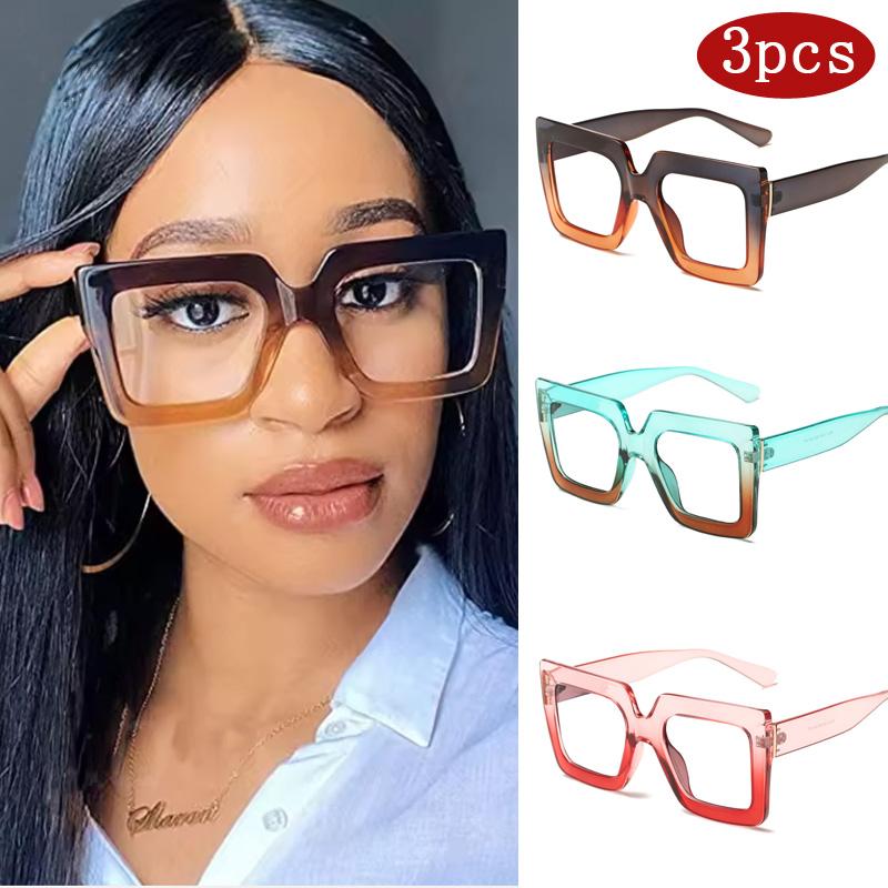 

3pcs Fashion Large Square Frame Clear Lens Glasses Color Block Fashion Decorative Glasses Computer Spectacles For Women Men