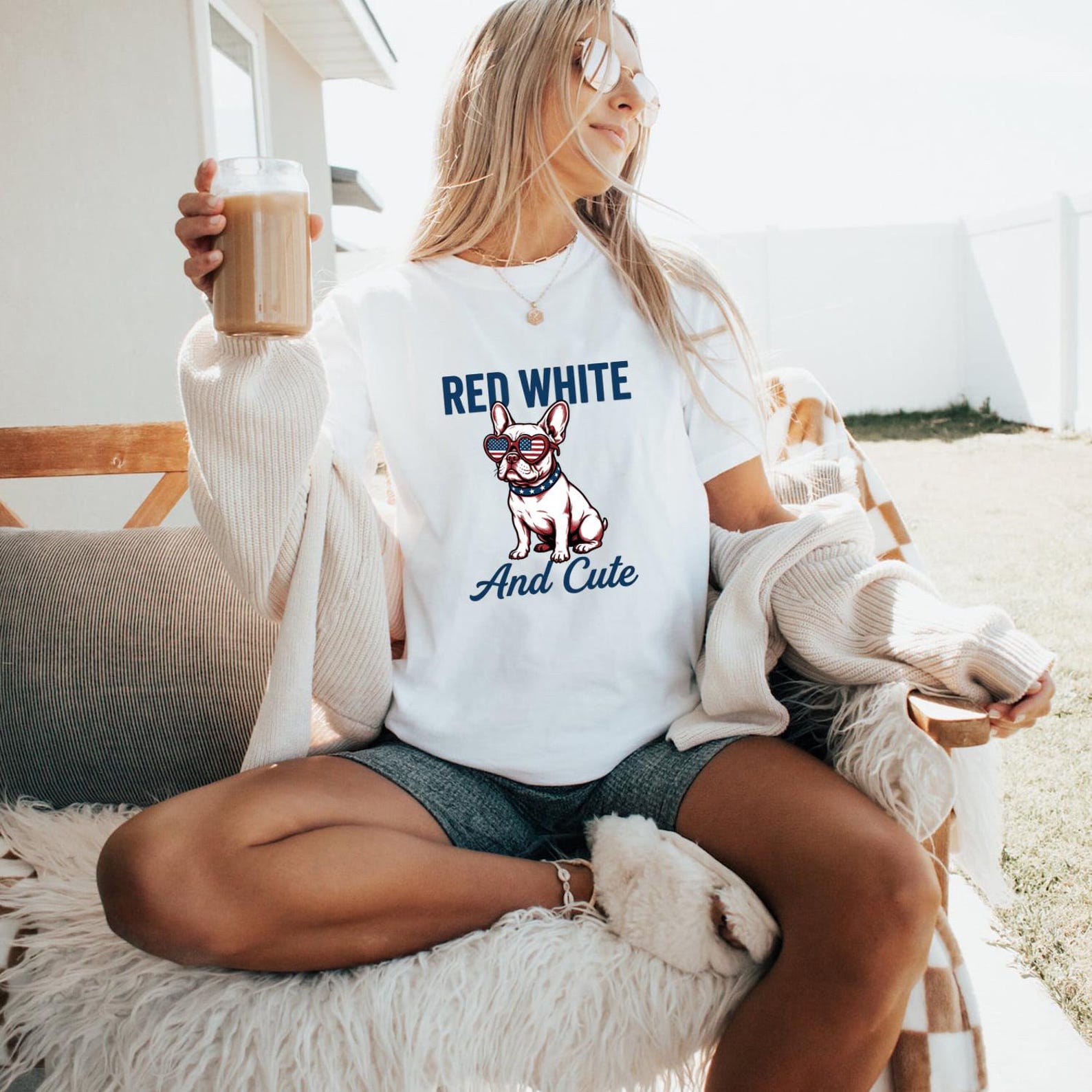 Red, White & Cute T-Shirt, Comfort Colors 1717 French Bulldog T-Shirt, Patriotic Heart Glasses Top S