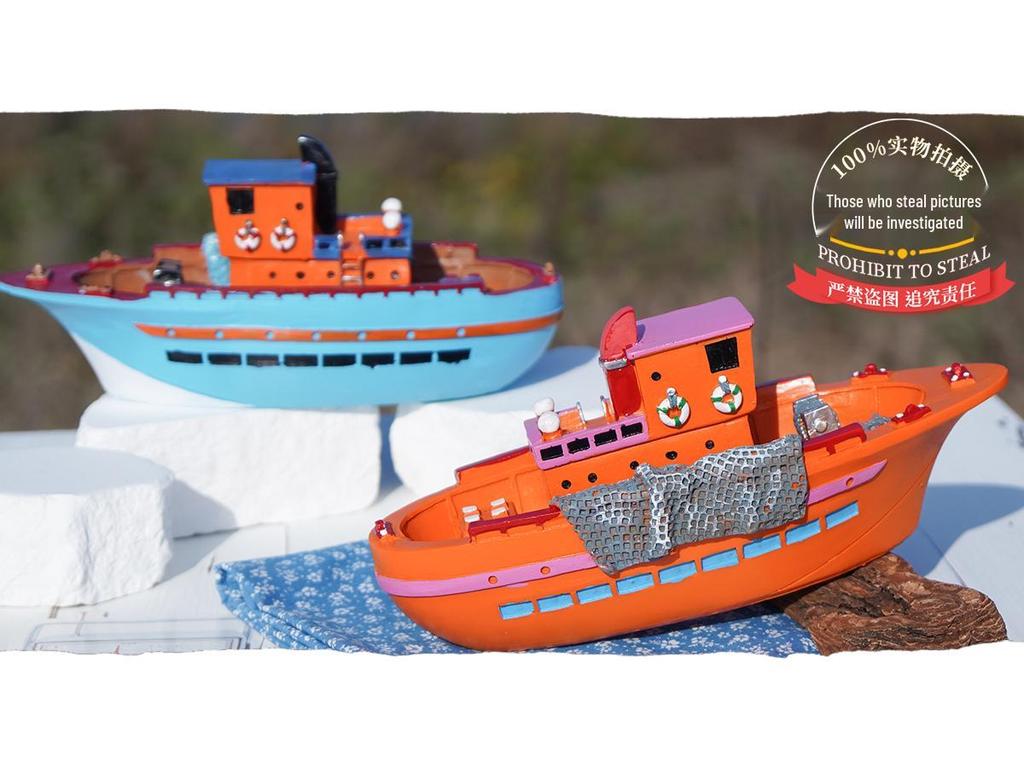 Painted Resin Small Boat Ornament for Home or Children's Room Decor, Seaside Travel Souvenir