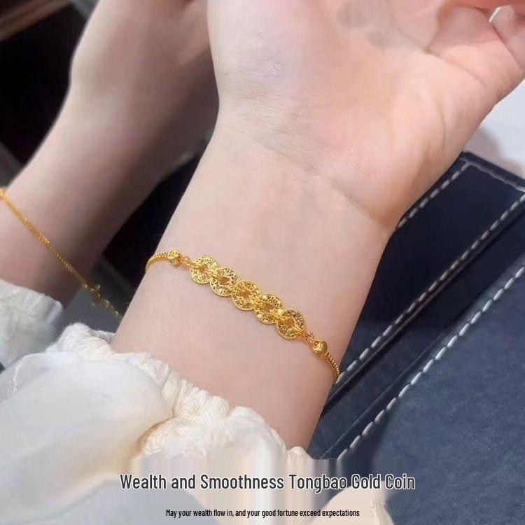 Gold-Plated Crushed Ice Five Emperor Coins Bracelet: Women's Light Luxury, Niche High-End Style for Wealth and Good Fortune.