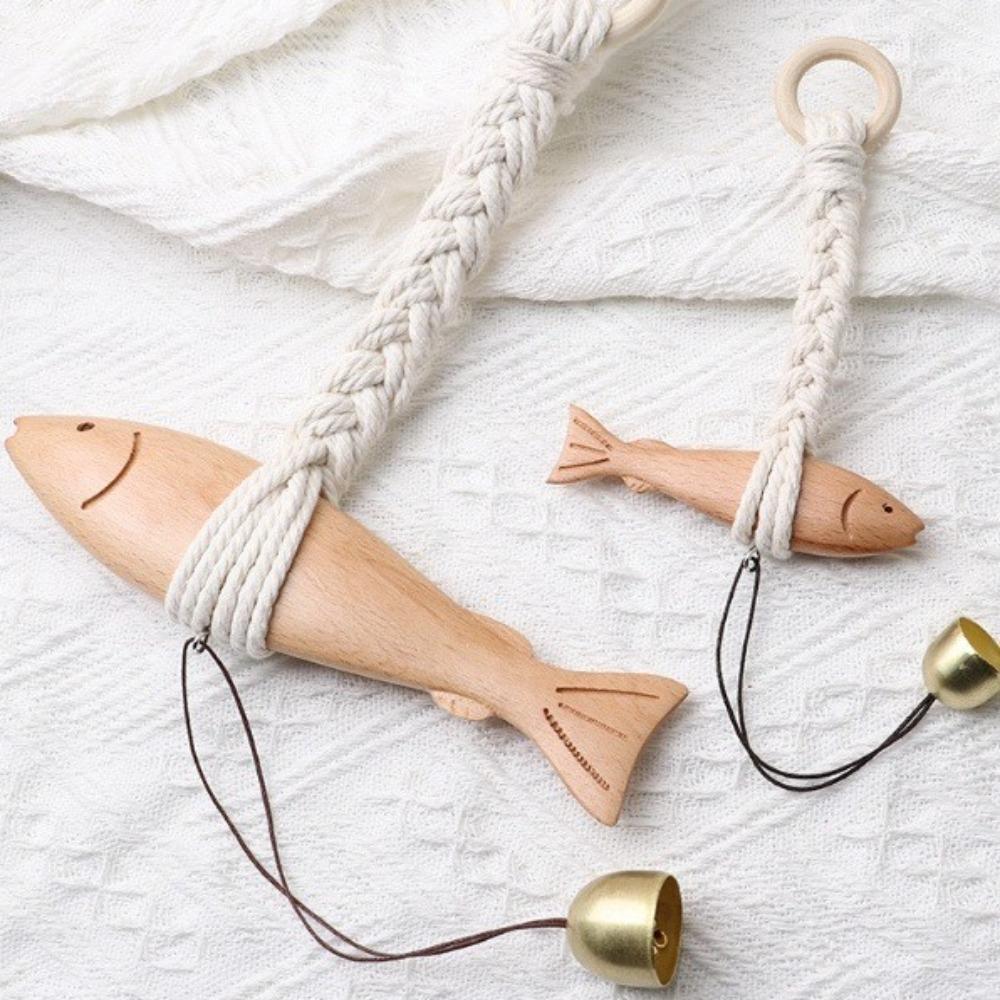 Hand Carved Wood Fish Sculpture With Bell Nautical Pendant Ornament  Garden Patio