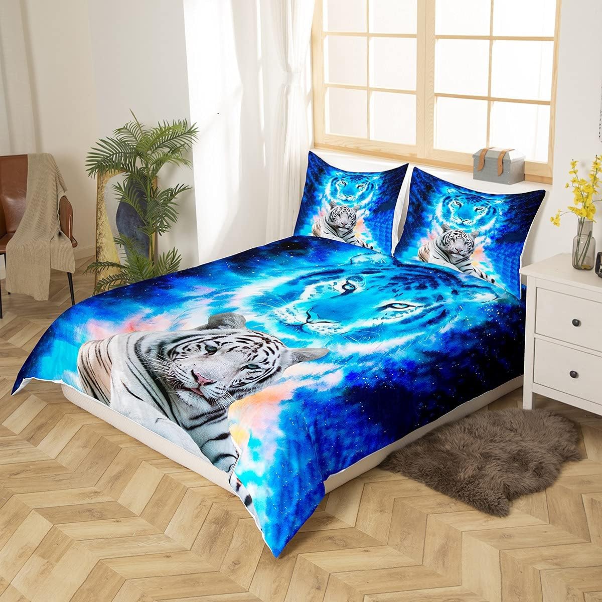 Tiger Print Duvet Cover Wild Animal Theme Comforter Cover Blue Galaxy Bedding Set For Kids Adults Wildlife Safari Cat Print US Twin(172x218cm)