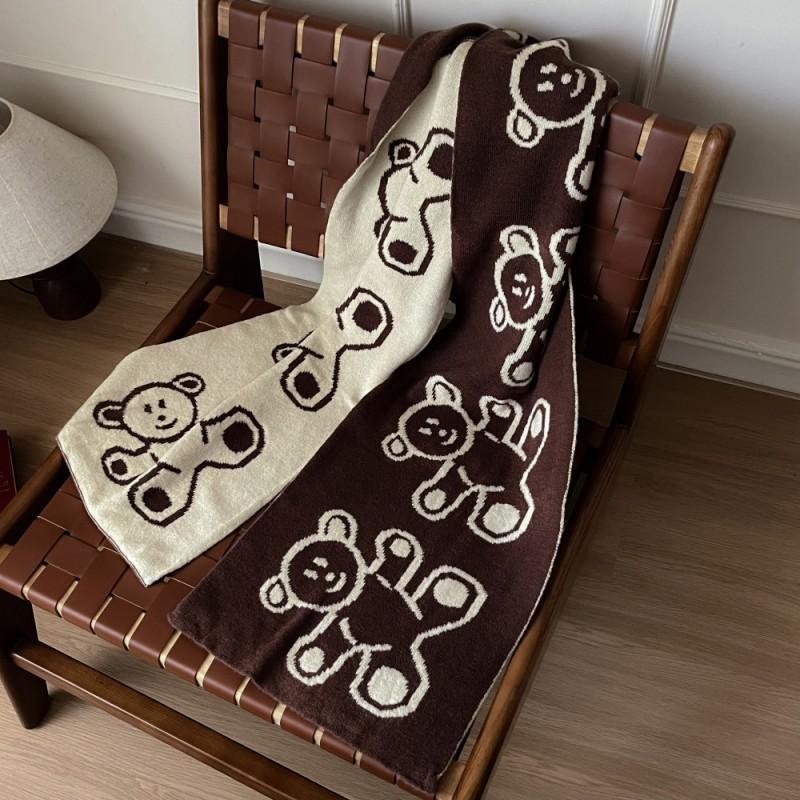 Soft Knitted Bear Motif Scarf Women Winter Warm Double-Sided Wrap Shawl Student Style Unisex Accessory