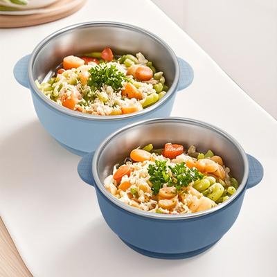 Baby Feeding Bowl Stainless Steel Double Layer Rice Bowl with Suction Base BPA-Free Soup Bowl Double Handle Food Containers