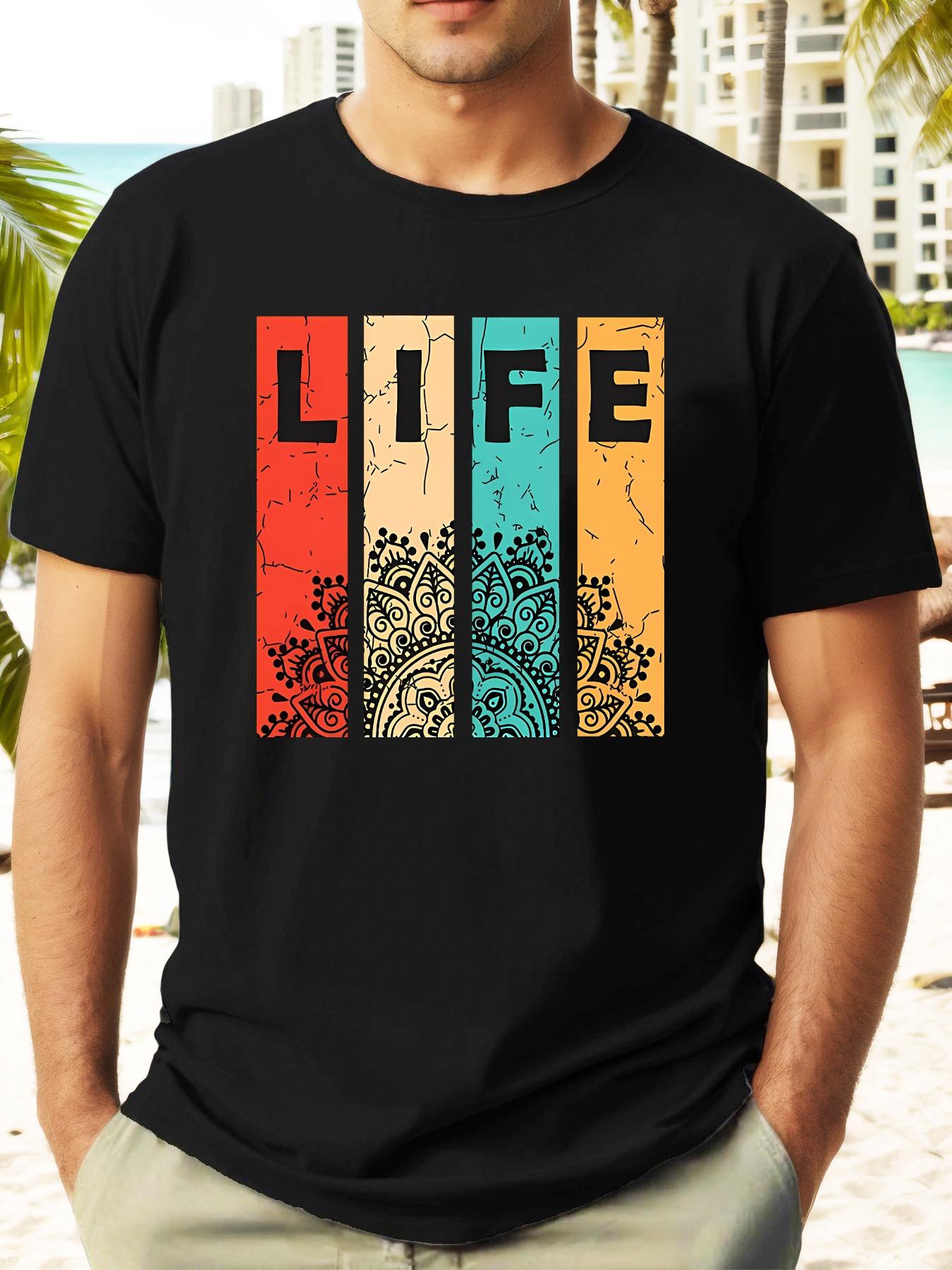

Retro Color Block LIFE Graphic T-shirt - Summer Casual Short Sleeve Tee with Bold Lettering & Stripes XXL