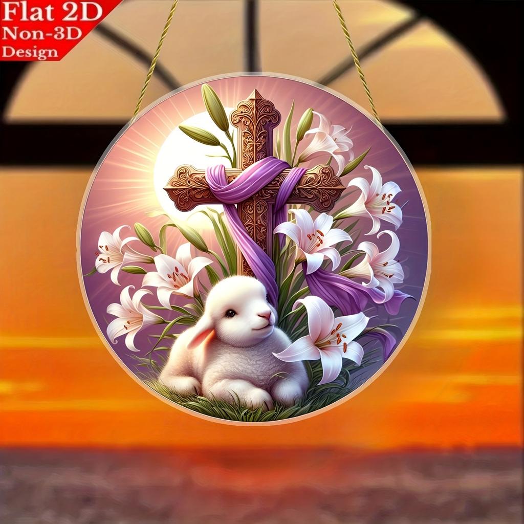 2D Flat Acrylic Flower Cross and Lamb Pattern, Indoor and Outdoor Decoration - No Battery/electricity Required, Free Day Decoration,