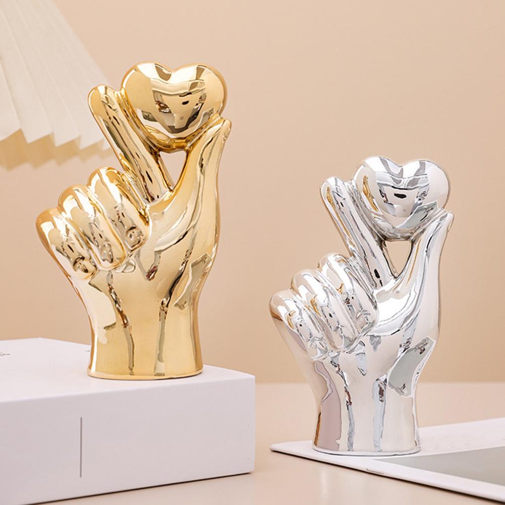 Heart Hands Sculpture Home Decor Love Gesture Ceramic Hand Statue with Golden Silver Finish Heart Sculpture Table Ornament