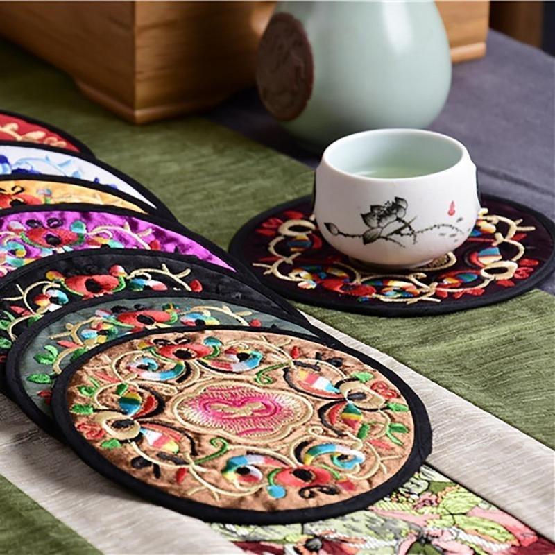 Embroidered Coasters for Mugs, Ethnic Style