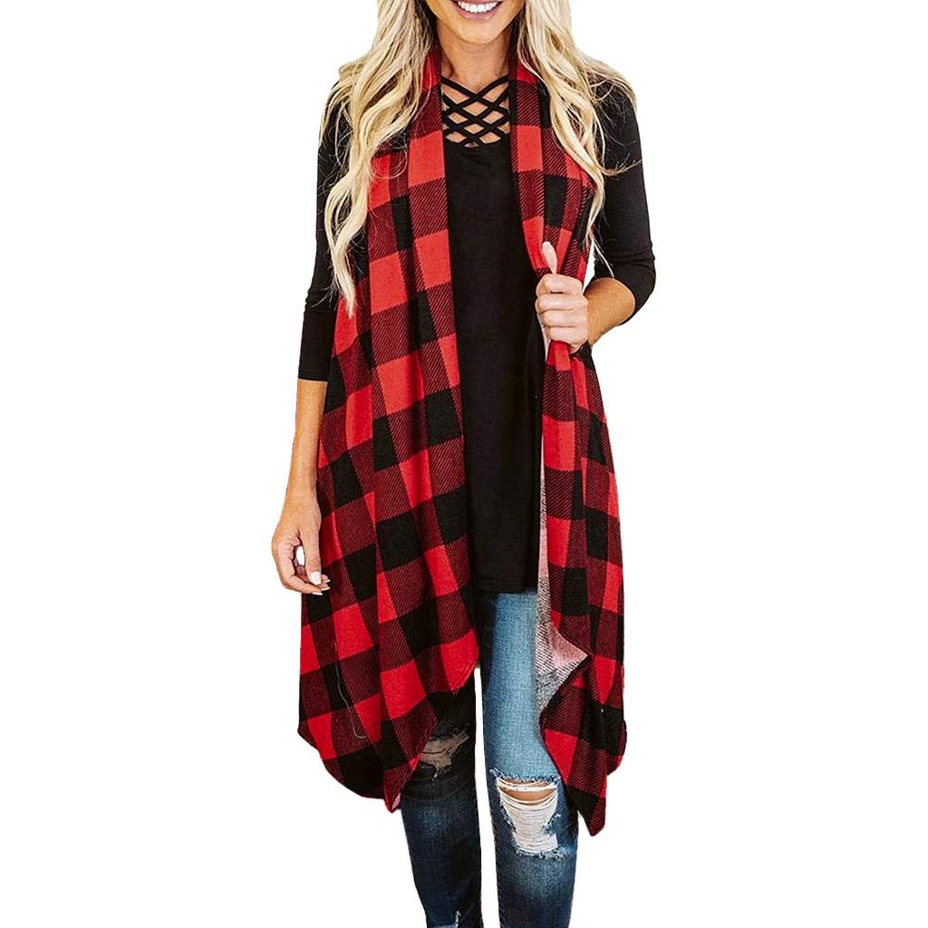 Womens Plaid Open Front Cardigan Sleeveless Pockets Drape Lightweight Vest Coat