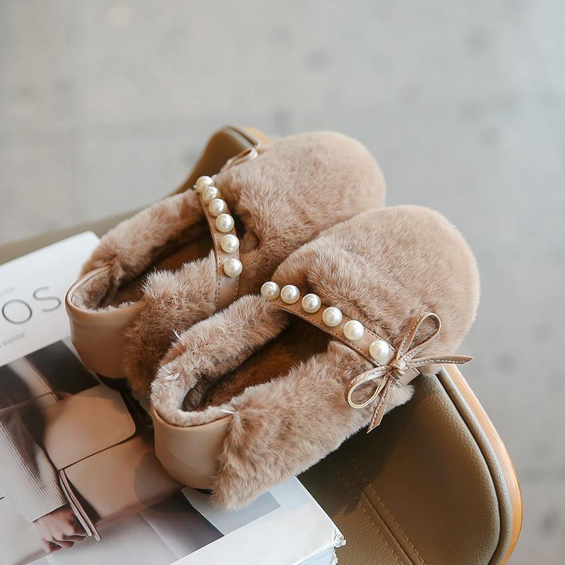 New Kids' Winter Shoes Warm Plush Girls Causal Princess Cotton Shoes Fashion Bowtie Children's Soft Moccasin Flat Shoes Simple