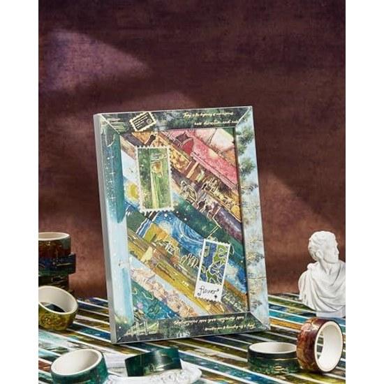Oil Painting Style Masking Tape 20 Pieces Set Landscape Patterns Washi Gold Foil Stamping Scenery Drawing DIY Crafts Journal Planner Scrapbook Gift