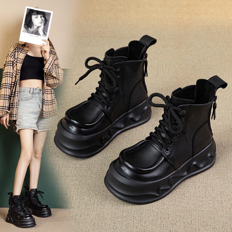 Women's Genuine Leather Retro Martin Boots - British Style Slimming Ankle Hiking Boots with Thick Sole for Autumn/Winter 2025