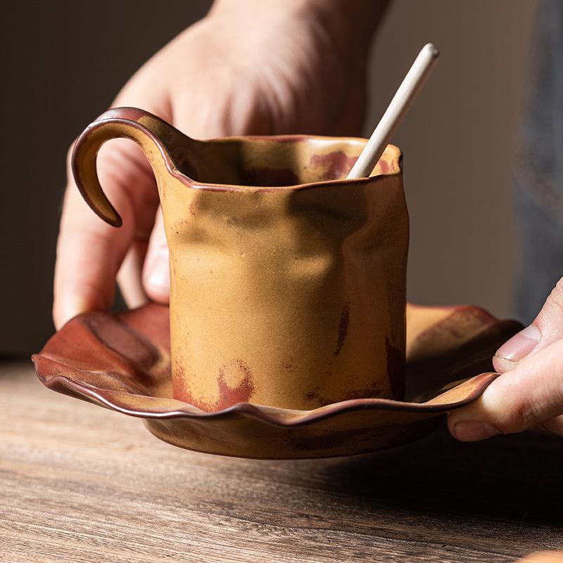 Pleated Coffee Cup and Saucer Set, Hand Punch Hanging Ears, Ceramic Cup, Japanese Light Luxury, High-end Exquisite Afternoon Tea