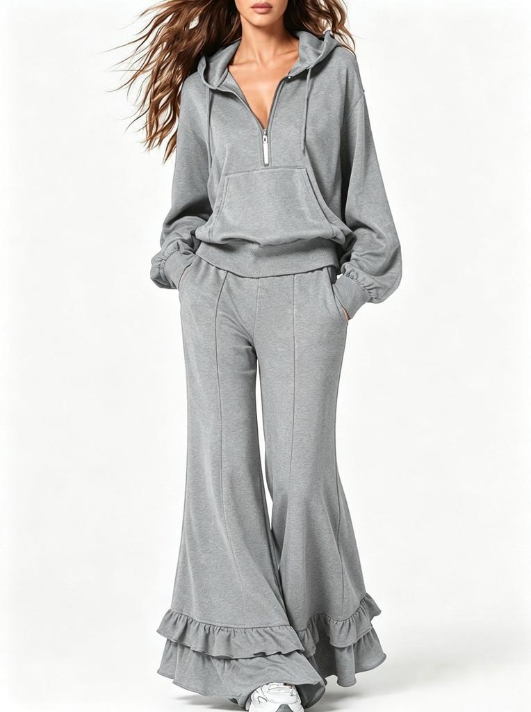 2026 Amazon popular women's clothing casual hooded half-zipper sweater set ruffle edge flared pants two-piece set women