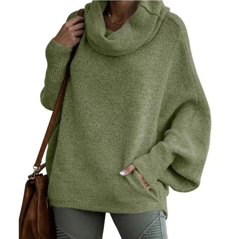 Mode Hög Krage Dam Enfärgad Tröja Mode Pullover Lykta Lös Långärmad Casual Tröja
