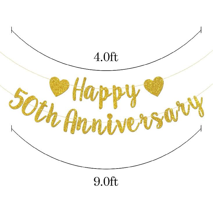 Happy 50th Anniversary Banner, 50th Wedding Anniversary, 50th Birthday, 50 Years Loved Party Decorations (Gold Glitter)