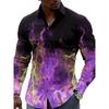 Camisa de Manga Larga Estampada con Fondo Negro, Llama Morada y Verde, Gradiente de Humo, Tendencia Fresca, Cuello de Solapa, Top para Hombre de Fiesta