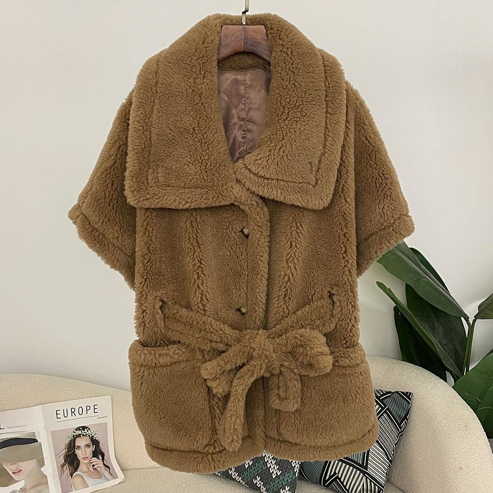 OFTBUY Winter Women Vest Jacket Real Lamb Cashmere Wool Fur with Belt Coat Turn-down Jacket Warm Plush Thick Pocket Elegant Casual