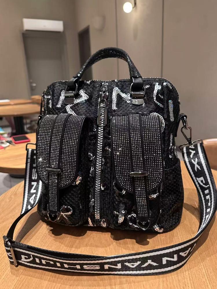 New Luxury Designer Sequin Women Shoulder Bag Multi Functional Backpack with Bright Film Letters Trendy Shiny Diamond Handbag