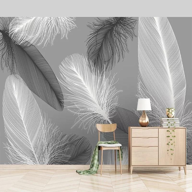 Nordic Style Wallpaper Black And White Feather Mural Living Room Bedroom Home Decor Wall Papers