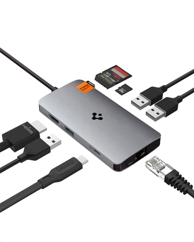 

Spigen 8-in-1 MacBook Air M2 USB-C Hub [Lightweight 89g, 100W PD, 4K HDMI, 1Gbps Ethernet, 3 USB-C and USB-A Ports for 5Gbps Data Transfer, microSD/SD