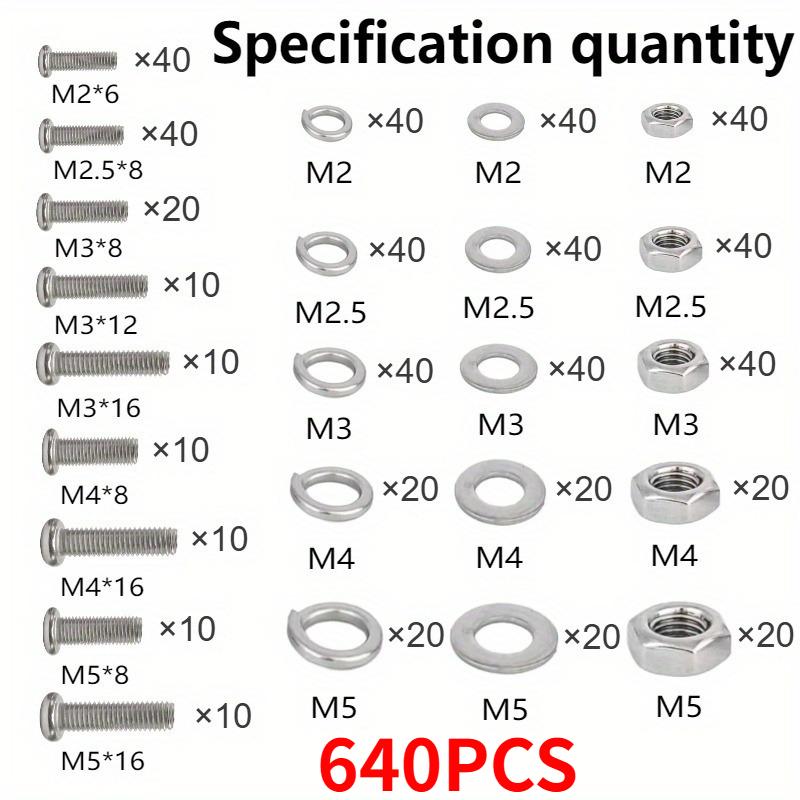 Combination Sets of Lock Nuts and Bolts, Flat Washers and Spring Washers in Sizes M2-M5 for Small and Medium-Sized Repair Jobs
